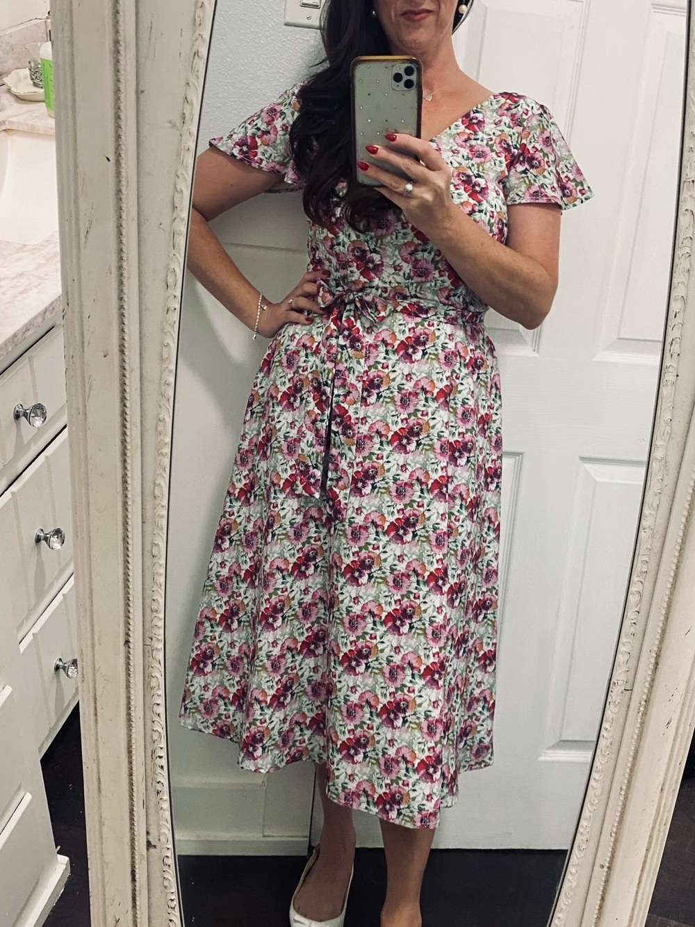 Pink Floral Midi Dress with Waist Tie | Feminine | sz 6 | Modest Wedding Guest